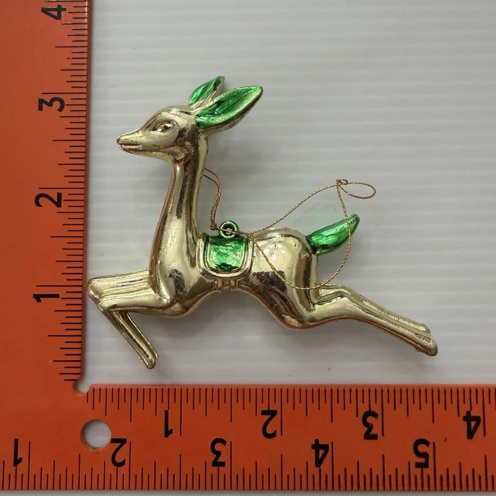 Lot Of 2 Vintage Gold Plastic Reindeer Christmas Ornaments Mid-Century Style
